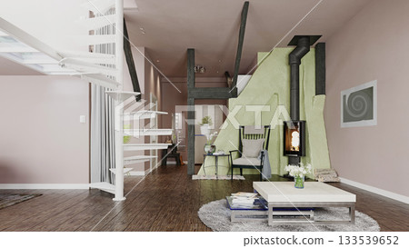 3D rendering of a modern living room interior. Home with a spiral staircase and fireplace 133539652