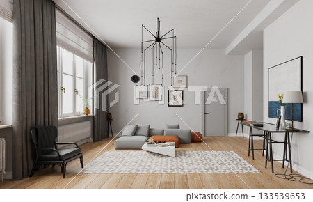 3D rendering of a modern living room interior. Contemporary home with stylish furniture and decor 133539653