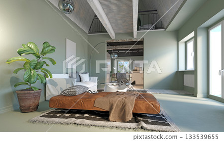 3D rendering of a modern loft apartment living room. Stylish interior design with eclectic decor 133539655
