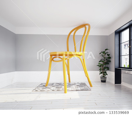 A giant oversized yellow chair in a minimalist room. A giant oversized yellow chair in a minimalist room. 133539669