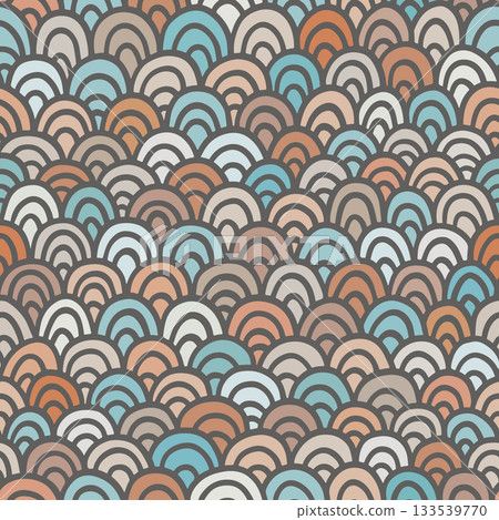 Handdrawn terracotta and teal scallop wave seamless pattern inspired by warm artisan folk aesthetics Handdrawn terracotta and teal scallop wave seamless pattern inspired by warm artisan folk aesthetics 133539770