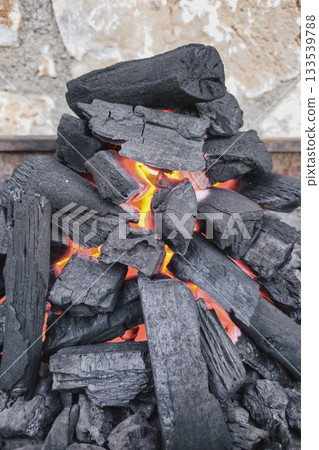 Beautiful black charcoal for fire during picnic barbecue, with black coals and vibrant flames Beautiful black charcoal for fire during picnic barbecue, with black coals and vibrant flames 133539788