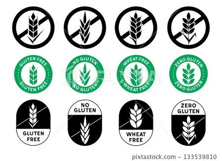 Wheat-Free Label Vector Design for Packaging. Gluten-Free symbol set with stylized grain elements. Set of logo, stamps, tags, emblems, and seals for allergen-safe brands Wheat-Free Label Vector Design for Packaging. Gluten-Free symbol set with stylized grain elements. Set of logo, stamps, tags, emblems, and seals for allergen-safe brands 133539810