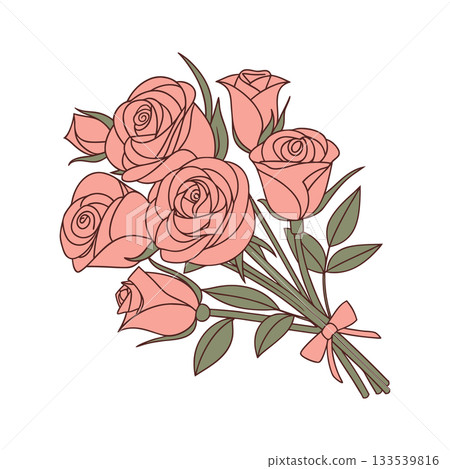 Simple hand drawn bouquet of pink roses with bow. Floral gift bouquet. Illustration. 133539816
