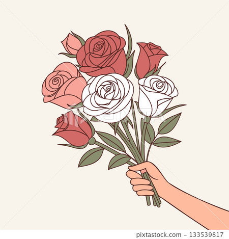 Hand holding a beautiful bouquet of pink and white Roses. Floral gift bouquet. Illustration. 133539817