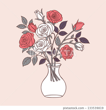 Elegant bouquet of roses in a glass vase. Floral gift bouquet. Illustration. 133539819