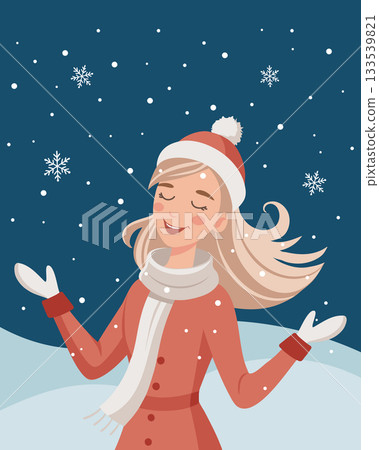 Happy woman enjoying winter snowfall. Christmas and New Year illustration. 133539821