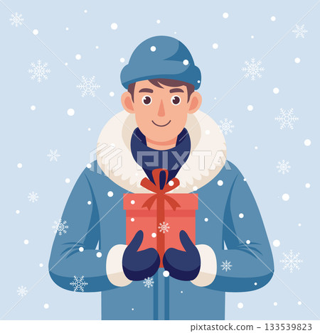 Smiling man in a winter jacket holding a Christmas gift. Holiday illustration. 133539823