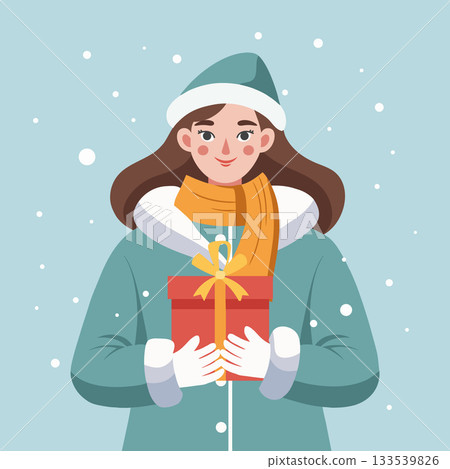 Cheerful woman in a winter jacket holding a Christmas gift. Holiday illustration. Cheerful woman in a winter jacket holding a Christmas gift. Holiday illustration. 133539826