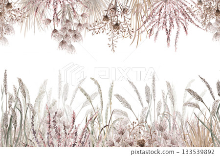 A rectangular frame with bouquets of herbs and flowers from the African steppe. Isolated watercolor illustration for home textiles, eco-friendly projects, fabric printing, and interior design. A rectangular frame with bouquets of herbs and flowers from the African steppe. Isolated watercolor illustration for home textiles, eco-friendly projects, fabric printing, and interior design. 133539892