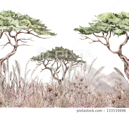 Seamless border with an African savannah against a mountain backdrop. Isolated watercolor illustration for home textiles, eco projects, fabric printing, and interior design. Seamless border with an African savannah against a mountain backdrop. Isolated watercolor illustration for home textiles, eco projects, fabric printing, and interior design. 133539896