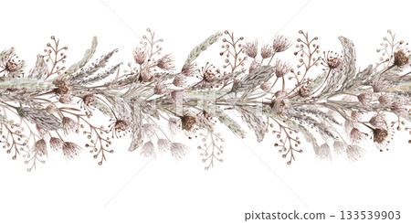 A seamless border of African steppe grasses and flowers. Isolated watercolor illustration for home textiles, eco-friendly projects, fabric printing, and interior design. A seamless border of African steppe grasses and flowers. Isolated watercolor illustration for home textiles, eco-friendly projects, fabric printing, and interior design. 133539903
