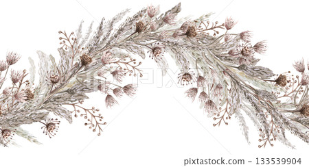 A seamless wave-shaped border of African steppe grasses and flowers. Isolated watercolor illustration for home textiles, eco-friendly projects, fabric printing, and interior design. 133539904