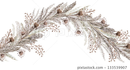 A seamless wave-shaped border of steppe grasses and flowers. Isolated watercolor illustration for home textiles, eco-friendly projects, fabric printing, and interior design. A seamless wave-shaped border of steppe grasses and flowers. Isolated watercolor illustration for home textiles, eco-friendly projects, fabric printing, and interior design. 133539907