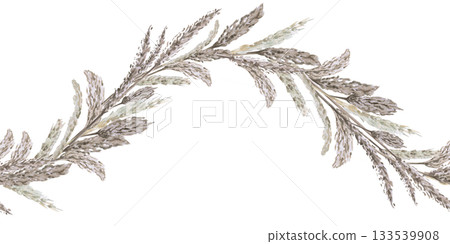 A seamless wave-shaped border of steppe grasses. Isolated watercolor illustration for home textiles, eco-friendly projects, fabric printing, and interior design. A seamless wave-shaped border of steppe grasses. Isolated watercolor illustration for home textiles, eco-friendly projects, fabric printing, and interior design. 133539908