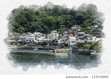 廣島縣吳市上神裡島向日港秋田飛島街道水彩畫 133539909