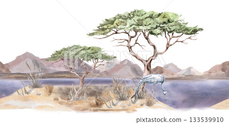 A seamless landscape border with grasses, trees, and cranes against a backdrop of mountains and a pond. Isolated watercolor illustration for environmental design projects and nature reserve tickets. A seamless landscape border with grasses, trees, and cranes against a backdrop of mountains and a pond. Isolated watercolor illustration for environmental design projects and nature reserve tickets. 133539910