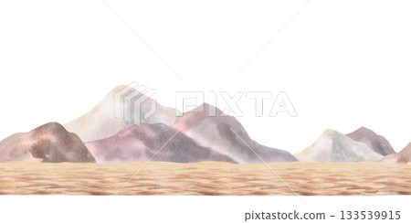 A seamless border featuring an African steppe landscape with mountains. Isolated watercolor illustration for environmental design projects, such as tickets to nature reserves. A seamless border featuring an African steppe landscape with mountains. Isolated watercolor illustration for environmental design projects, such as tickets to nature reserves. 133539915