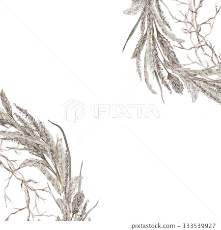 A square frame with corner elements of herbs and branches. Isolated watercolor illustration of dried flowers for eco-projects, eco-park tickets, packaging design, interiors, and poster printing. A square frame with corner elements of herbs and branches. Isolated watercolor illustration of dried flowers for eco-projects, eco-park tickets, packaging design, interiors, and poster printing. 133539927