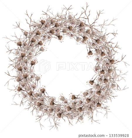A lush wreath of African steppe flowers and branches. Isolated watercolor illustration of dried flowers for eco-projects, eco-park tickets, packaging design, interiors, and poster printing. 133539928