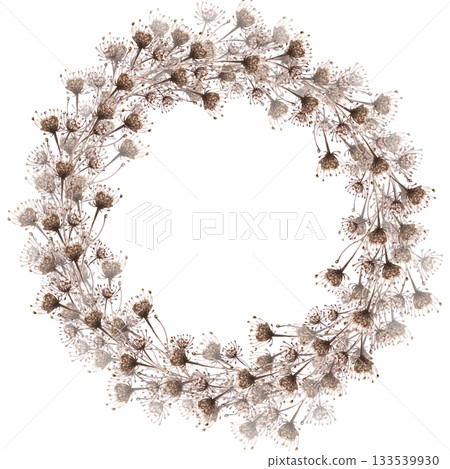 A lush wreath of African steppe flowers. Isolated watercolor illustration of dried flowers for eco-projects, eco-park tickets, packaging design, interiors, and poster printing. A lush wreath of African steppe flowers. Isolated watercolor illustration of dried flowers for eco-projects, eco-park tickets, packaging design, interiors, and poster printing. 133539930