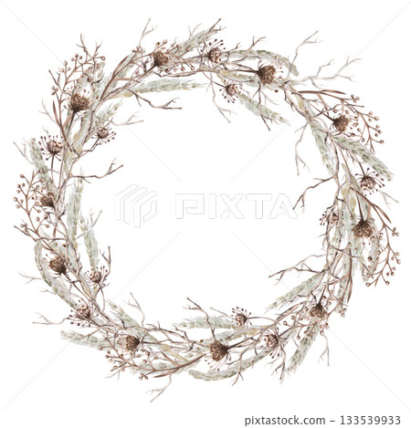 A round wreath with branches, steppe grasses, and flowers. Isolated watercolor illustration for eco-projects, travel agencies, interior design, posters, postcards, and packaging. A round wreath with branches, steppe grasses, and flowers. Isolated watercolor illustration for eco-projects, travel agencies, interior design, posters, postcards, and packaging. 133539933