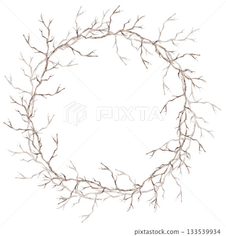 A round wreath with branches. Isolated watercolor illustration for eco-projects, travel agencies, interior design, posters, postcards, and packaging. A round wreath with branches. Isolated watercolor illustration for eco-projects, travel agencies, interior design, posters, postcards, and packaging. 133539934