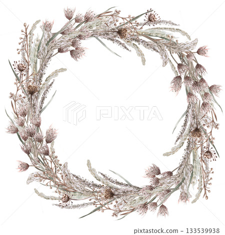 A round wreath with steppe herbs and flowers. Isolated watercolor illustration for eco-projects, travel agencies, interior design, posters, and postcards. 133539938