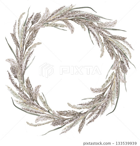 A round wreath with steppe herbs. Isolated watercolor illustration for environmental projects, travel agencies, interior design, posters, and postcards. 133539939