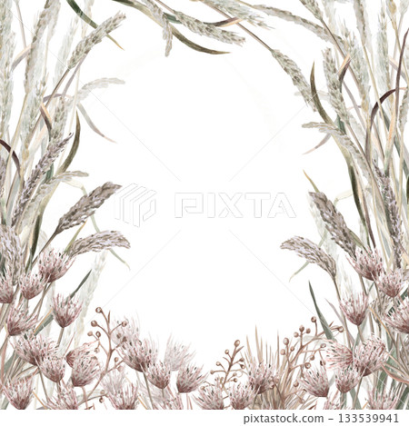 A square frame with steppe grasses and flowers. Isolated watercolor illustration for environmental projects, ecopark tickets, packaging design, and interiors. A square frame with steppe grasses and flowers. Isolated watercolor illustration for environmental projects, ecopark tickets, packaging design, and interiors. 133539941