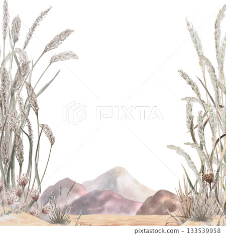 A square frame with dried herbs and flowers against a backdrop of African mountains. Isolated watercolor illustration for environmental projects, ecopark tickets, packaging, and interior design. A square frame with dried herbs and flowers against a backdrop of African mountains. Isolated watercolor illustration for environmental projects, ecopark tickets, packaging, and interior design. 133539958