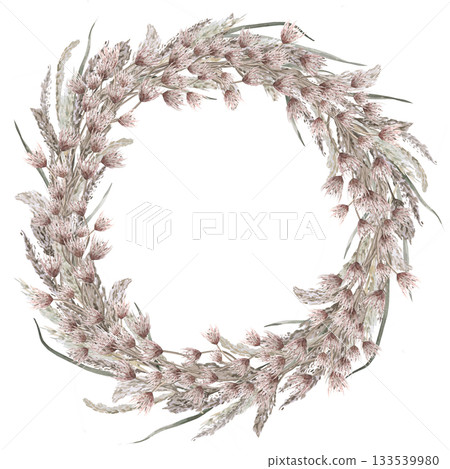 A lush wreath of steppe flowers and herbs. Isolated watercolor illustration of dried flowers for eco-projects, eco-park tickets, packaging design, interiors, and poster printing. A lush wreath of steppe flowers and herbs. Isolated watercolor illustration of dried flowers for eco-projects, eco-park tickets, packaging design, interiors, and poster printing. 133539980
