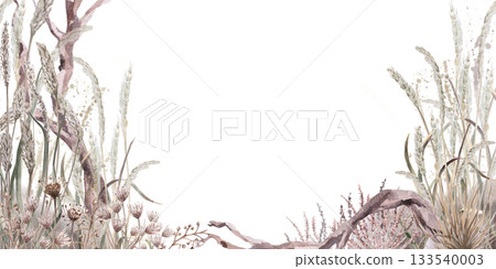 A rectangular frame with dried steppe grasses and a twisted driftwood. Isolated watercolor illustration for eco-friendly projects, interior design, and printing on posters, postcards, and calendars. A rectangular frame with dried steppe grasses and a twisted driftwood. Isolated watercolor illustration for eco-friendly projects, interior design, and printing on posters, postcards, and calendars. 133540003