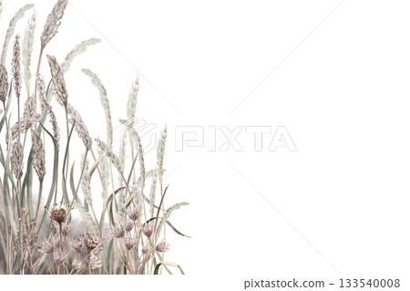 Rectangular frame with dried steppe herbs and flowers. Isolated watercolor illustration for eco-friendly projects, interior design, posters, postcards, and calendars. 133540008