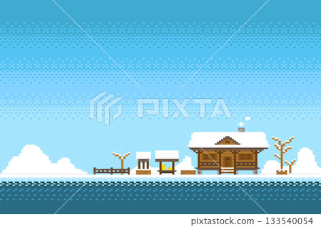 blue background with wooden houses pixel blue background with wooden houses pixel 133540054