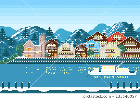 vector illustration of houses with landscape in winter pixel 133540057