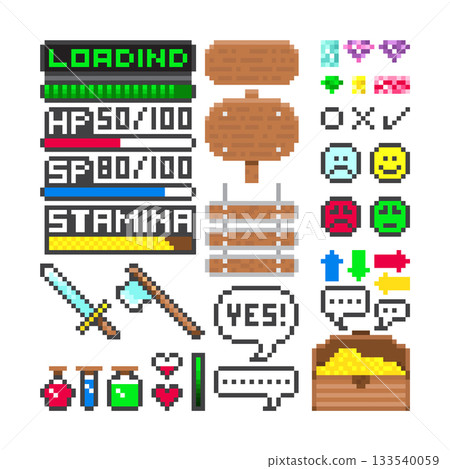 pixel game item set collection on white background pixel game item set collection on white background 133540059