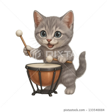 一隻灰色小貓演奏定音鼓的可愛插圖 133540084