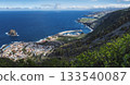 Panorama of Garachico from Mirador de Garachico. Colorful houses and harbor. Ocean with lava rock pools and island. Popular tourist destination, Tenerife Canary Islands. Aerial wide postcard 133540087