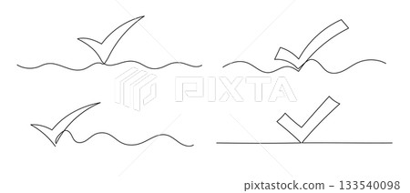 Checkmark one line vector illustrations set. Hand drawn continuous artwork isolated on white background. Line art collection 133540098