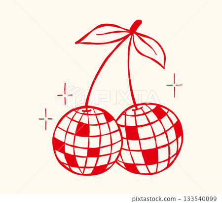 Disco ball cherry with stars. Hand drawn vector illustration. Whimsical mirror balls, doodle party or club symbol 133540099