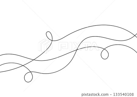 Horizontal tangled wire drawing, curly swirl graphic element 133540108