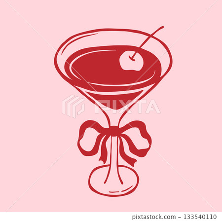 Cocktail martini glass with cherry, vector icon, whimsical sketch for bride party invitation Cocktail martini glass with cherry, vector icon, whimsical sketch for bride party invitation 133540110
