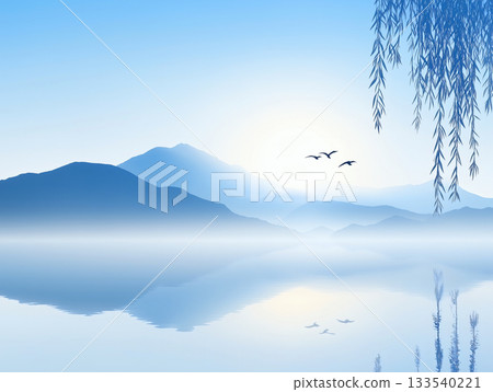 Swallows flying under the willows on the riverbank 133540221