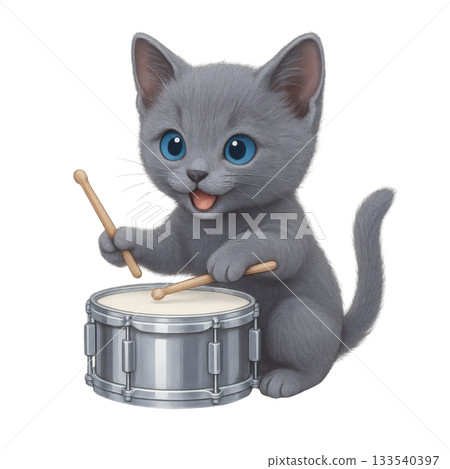 一幅可愛的插圖，一隻灰色小貓正在演奏小鼓。 133540397