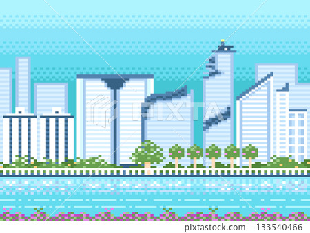 city scene with buildings and river pixel 133540466
