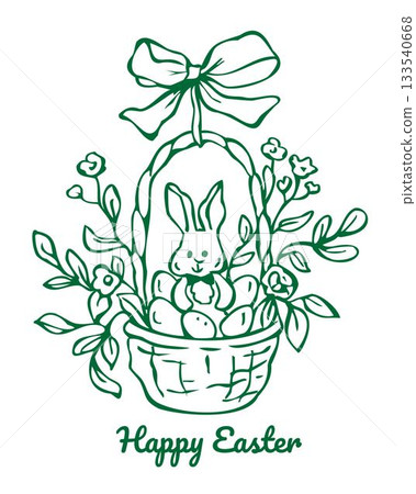 Easter card with cute outline rabbit in basket with bow Easter card with cute outline rabbit in basket with bow 133540668