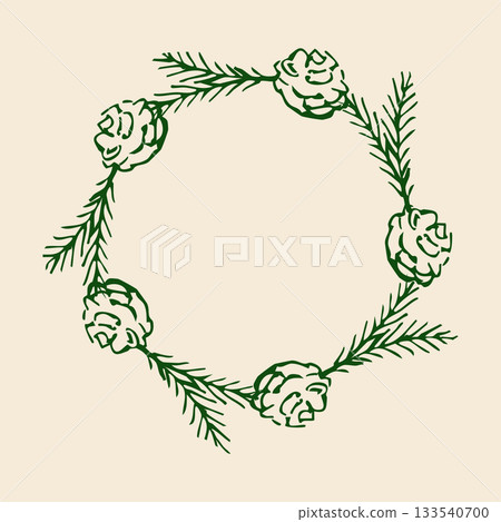 Round frame of fir branches with cones Round frame of fir branches with cones 133540700