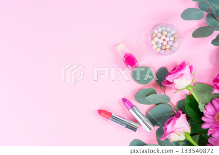 Floral beauty display, Feminine pastel gift arrangement, Soft romantic scene with flowers and accessories, Elegant collection of blooms cosmetics and jewelry for celebration Floral beauty display, Feminine pastel gift arrangement, Soft romantic scene with flowers and accessories, Elegant collection of blooms cosmetics and jewelry for celebration 133540872
