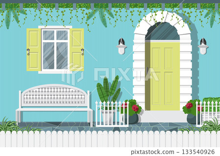 entrance door with a blue house 133540926